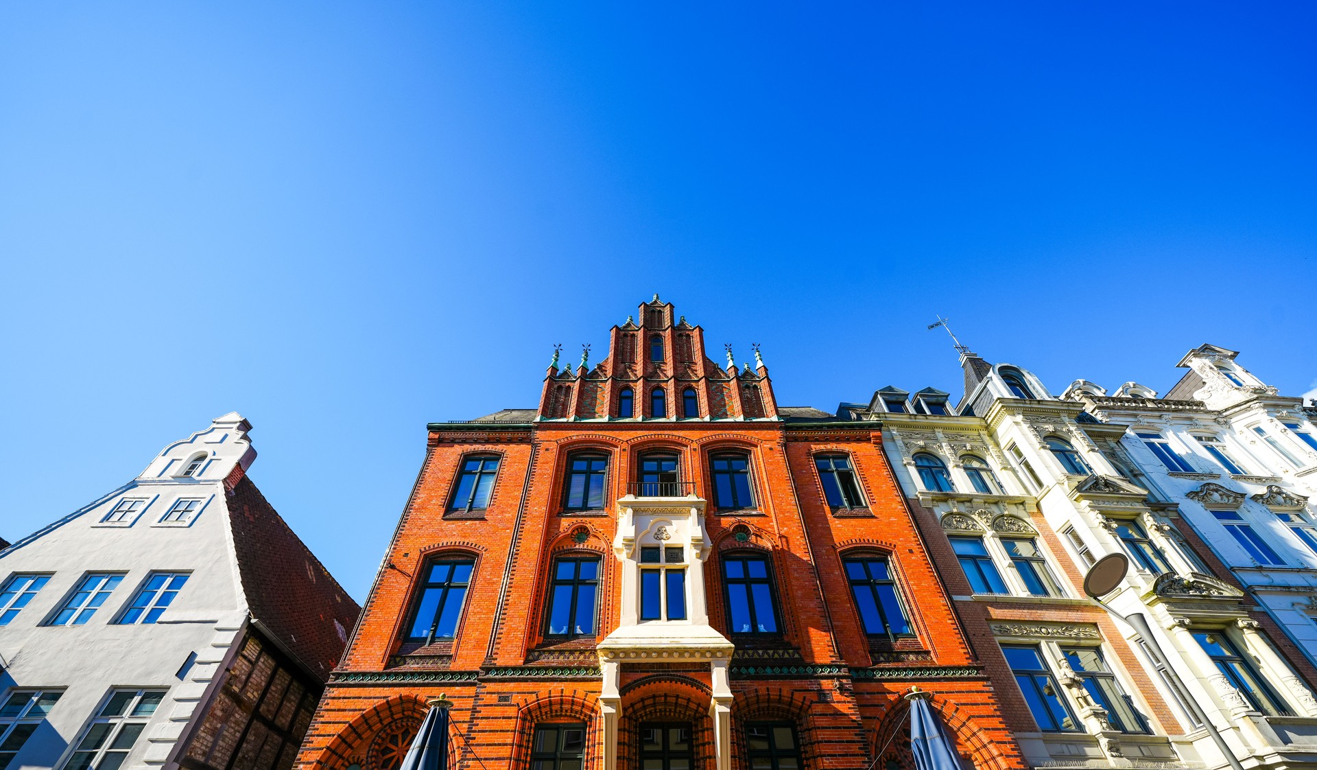 View of historic buildings and the surrounding area in Flensburg, a city in Schleswig-Holstein.